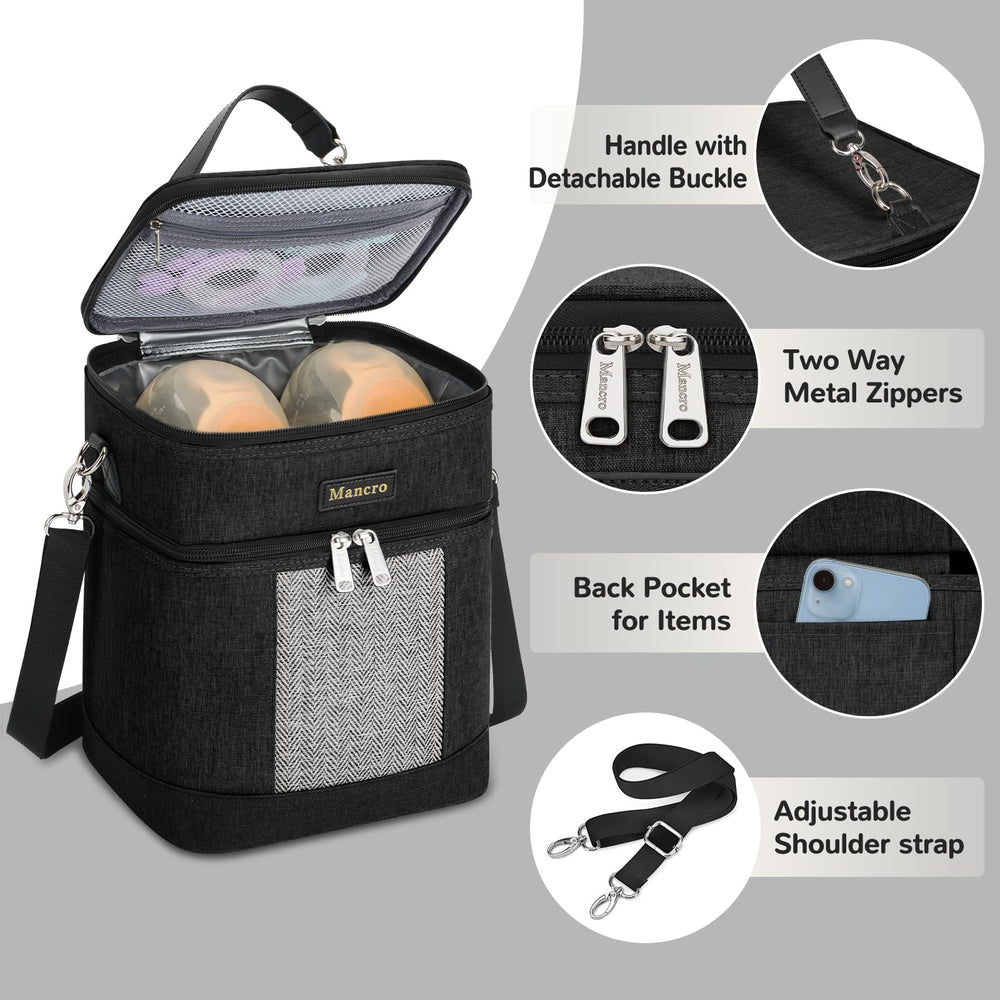 Mancro breast milk cooler bag attached to stroller for hands-free travel