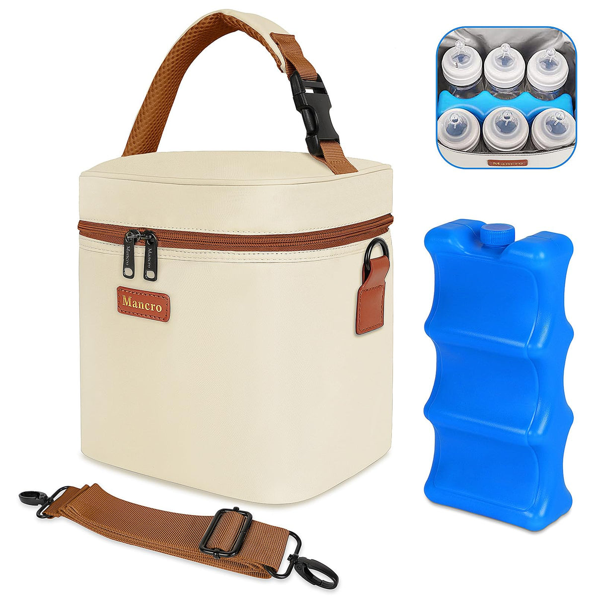 Mancro breast milk cooler beige front view shows spacious capacity for six bottles