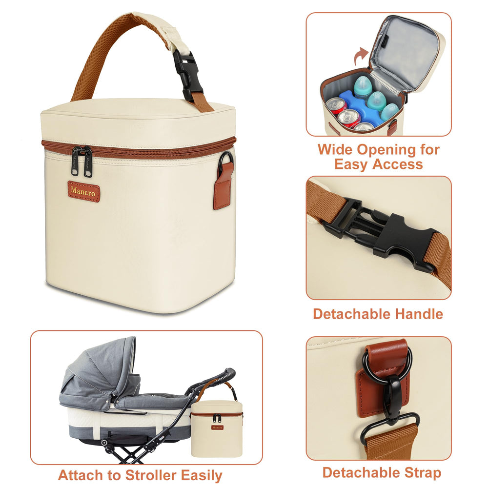 Mancro breast milk cooler beige stroller attachment keeps milk handy during outings