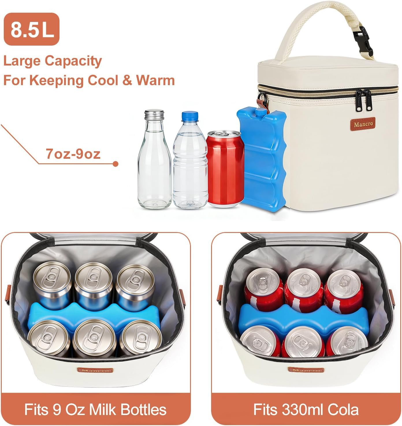 Cream Mancro cooler bag highlighting stylish, compact design for daily use.