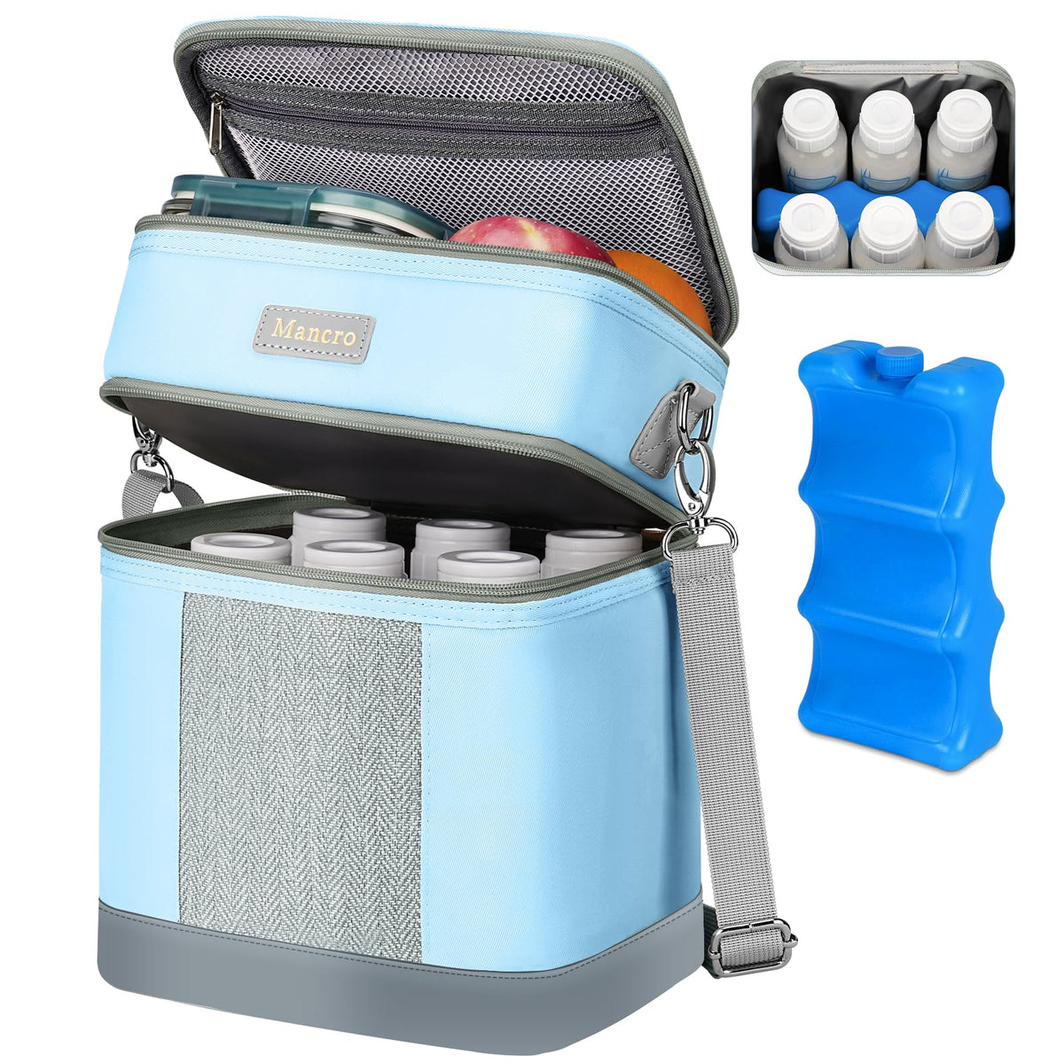 Mancro breastmilk cooler bag front view in blue with organized bottle storage.