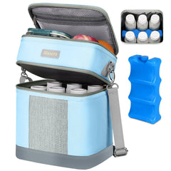 Mancro breastmilk cooler bag front view in blue with organized bottle storage.