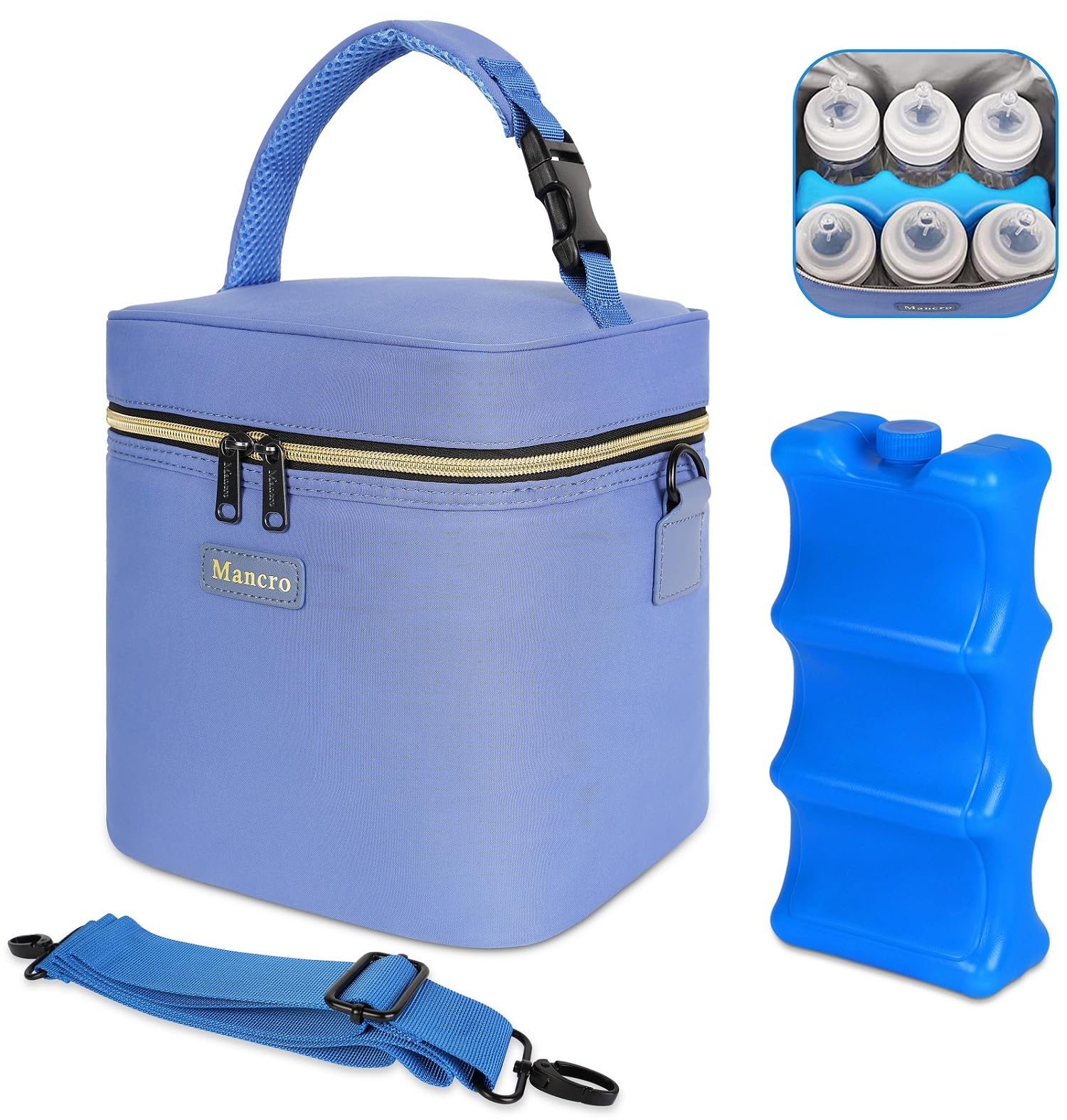 Mancro breastmilk cooler bag front view highlights portable, daycare-friendly design