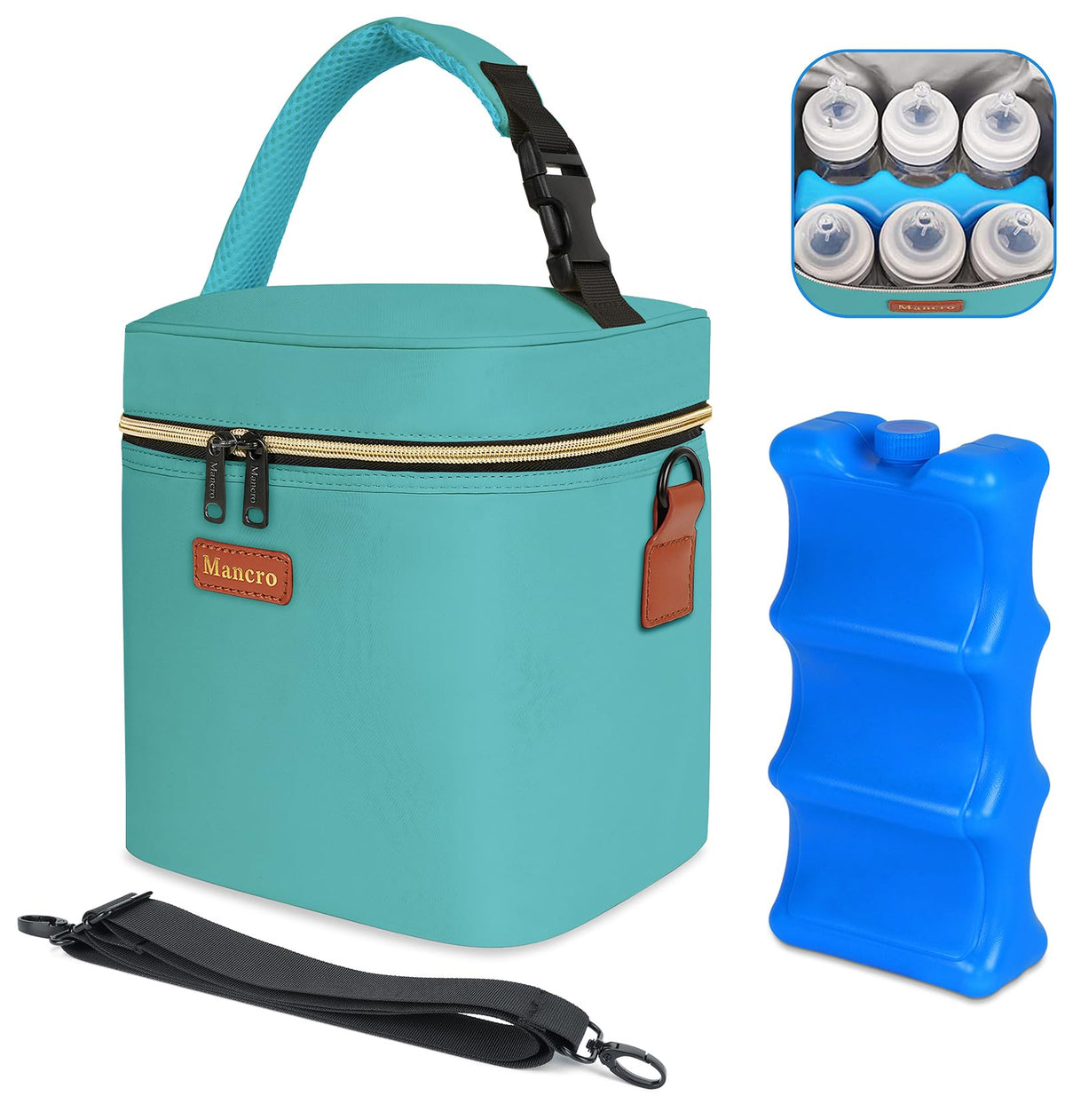 Mancro breastmilk cooler bag in green viewed from front, showcasing spacious bottle capacity.