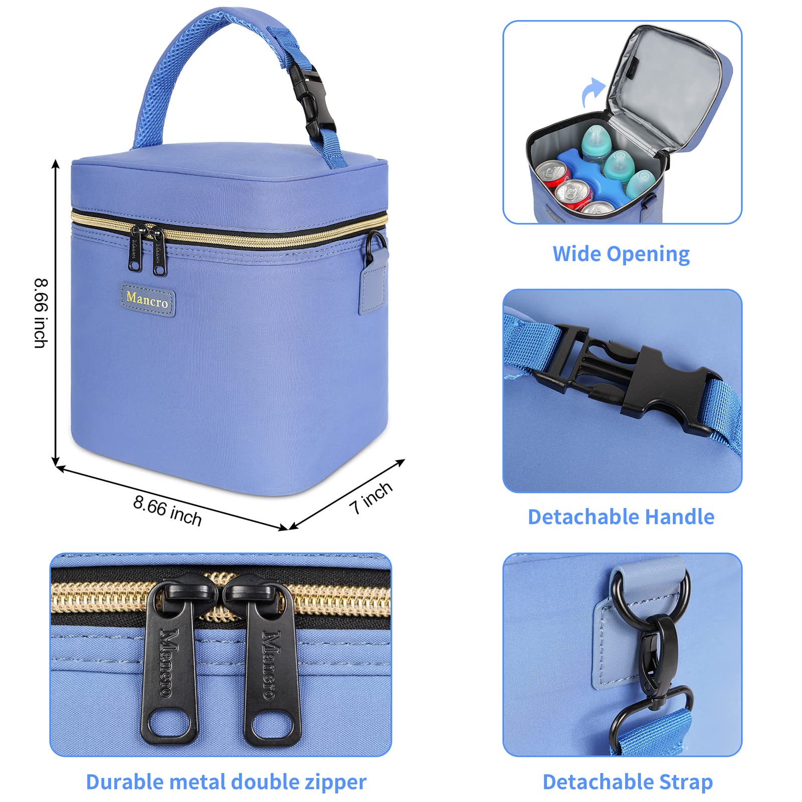 Mancro breastmilk cooler bag interior with bottles demonstrates 6-bottle capacity