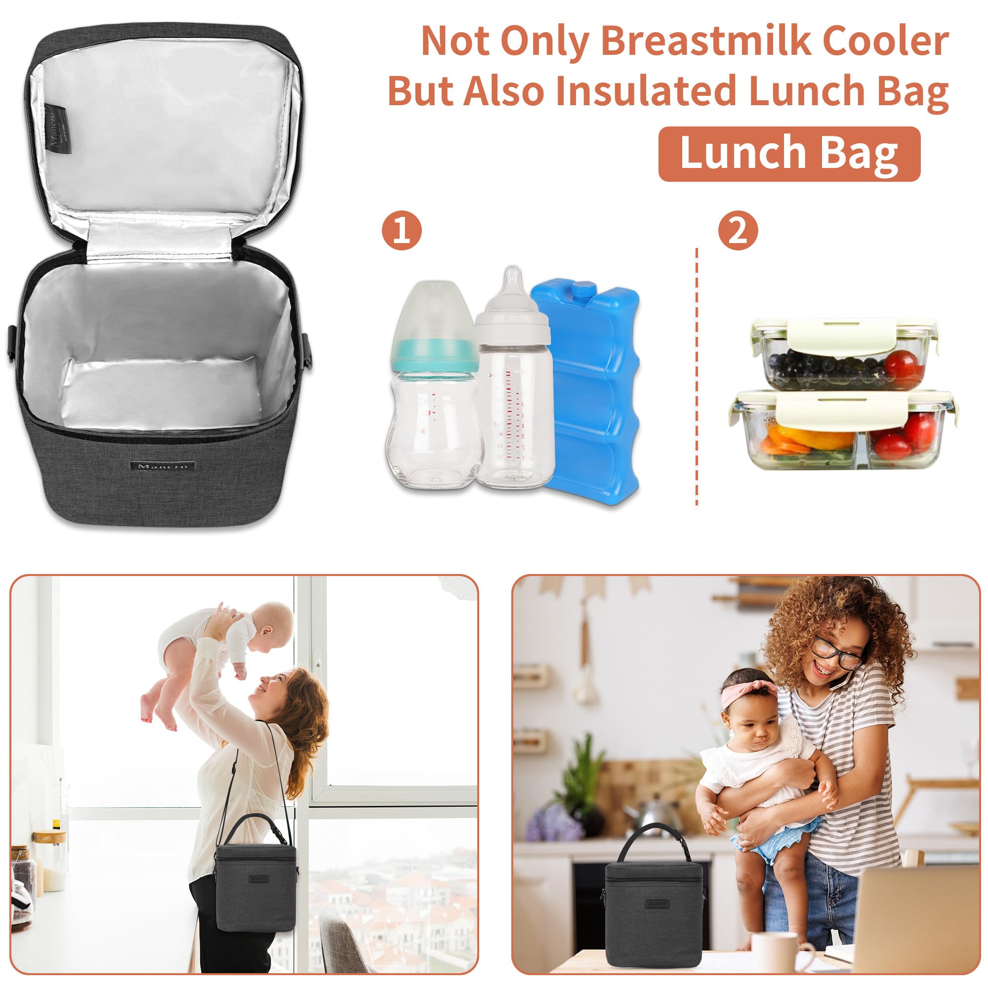 Mancro breastmilk cooler bag leakproof-liner keeps contents secure and easy to wipe.