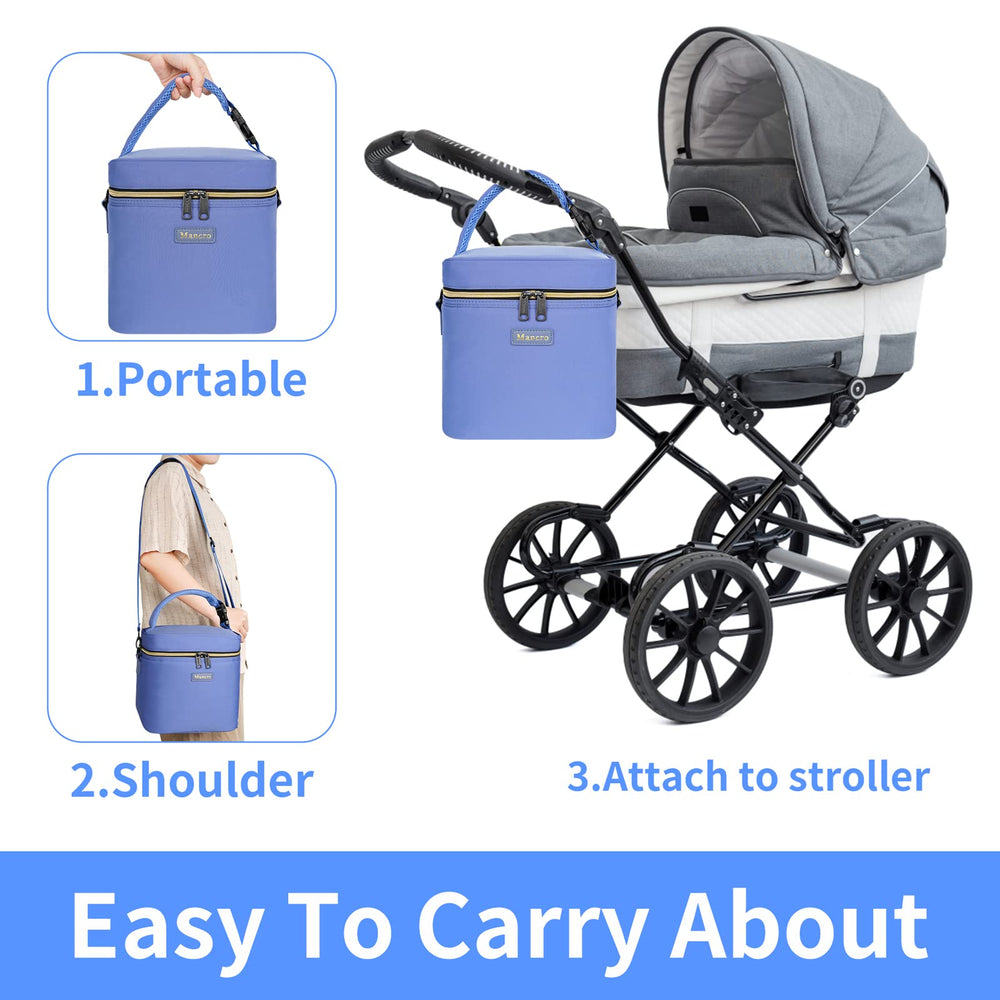 Mancro breastmilk cooler bag attached to stroller demonstrates versatile transport