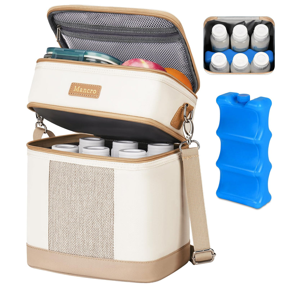 Mancro breastmilk cooler bag open top view with organized compartments for on-the-go feeding