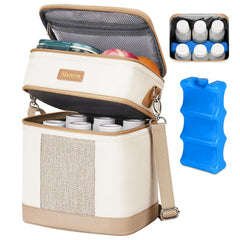 Mancro breastmilk cooler bag open top view with organized compartments for on-the-go feeding