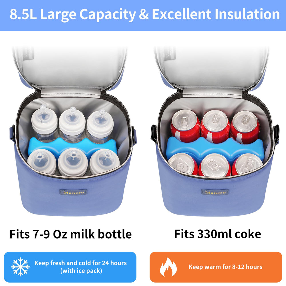 Mancro breastmilk cooler bag open top shows wide access for quick packing