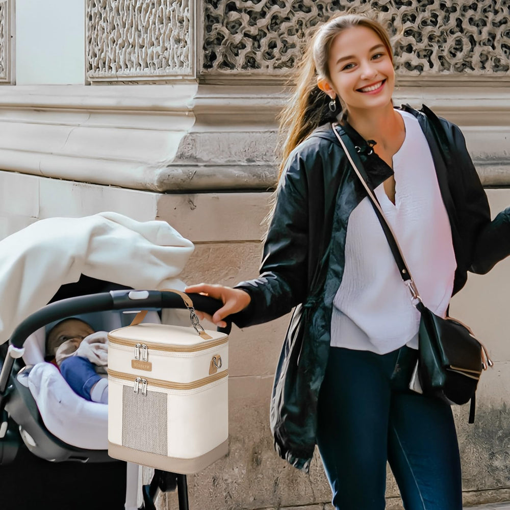 Mancro adjustable shoulder strap and stroller attachment for travel.