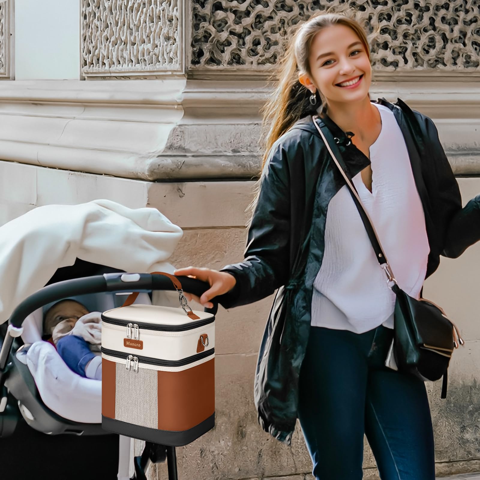 Mancro Breast Milk Cooler Bag side pocket keeps slim items within easy reach