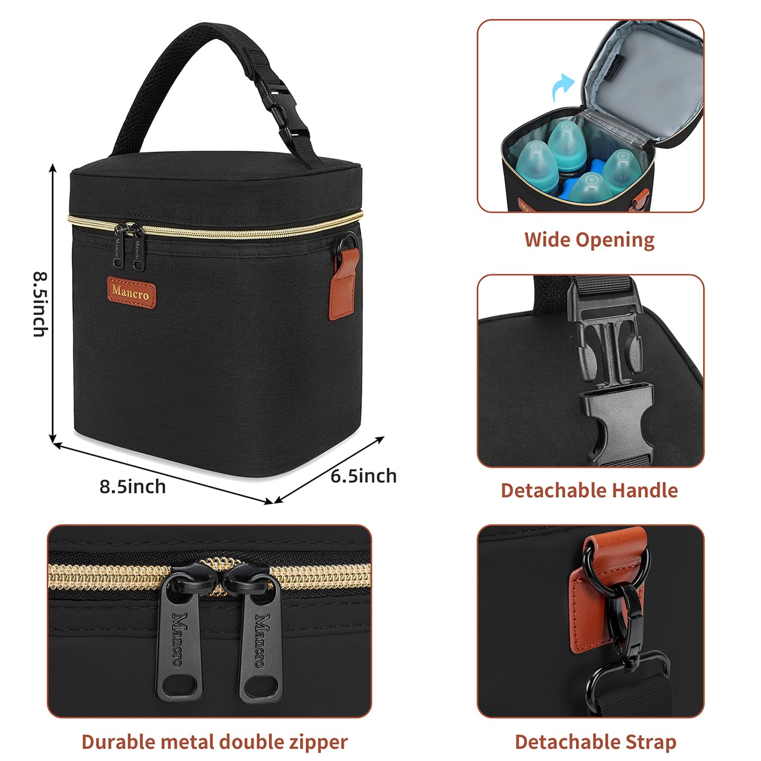Mancro breastmilk cooler bag side view with detachable strap for easy carrying