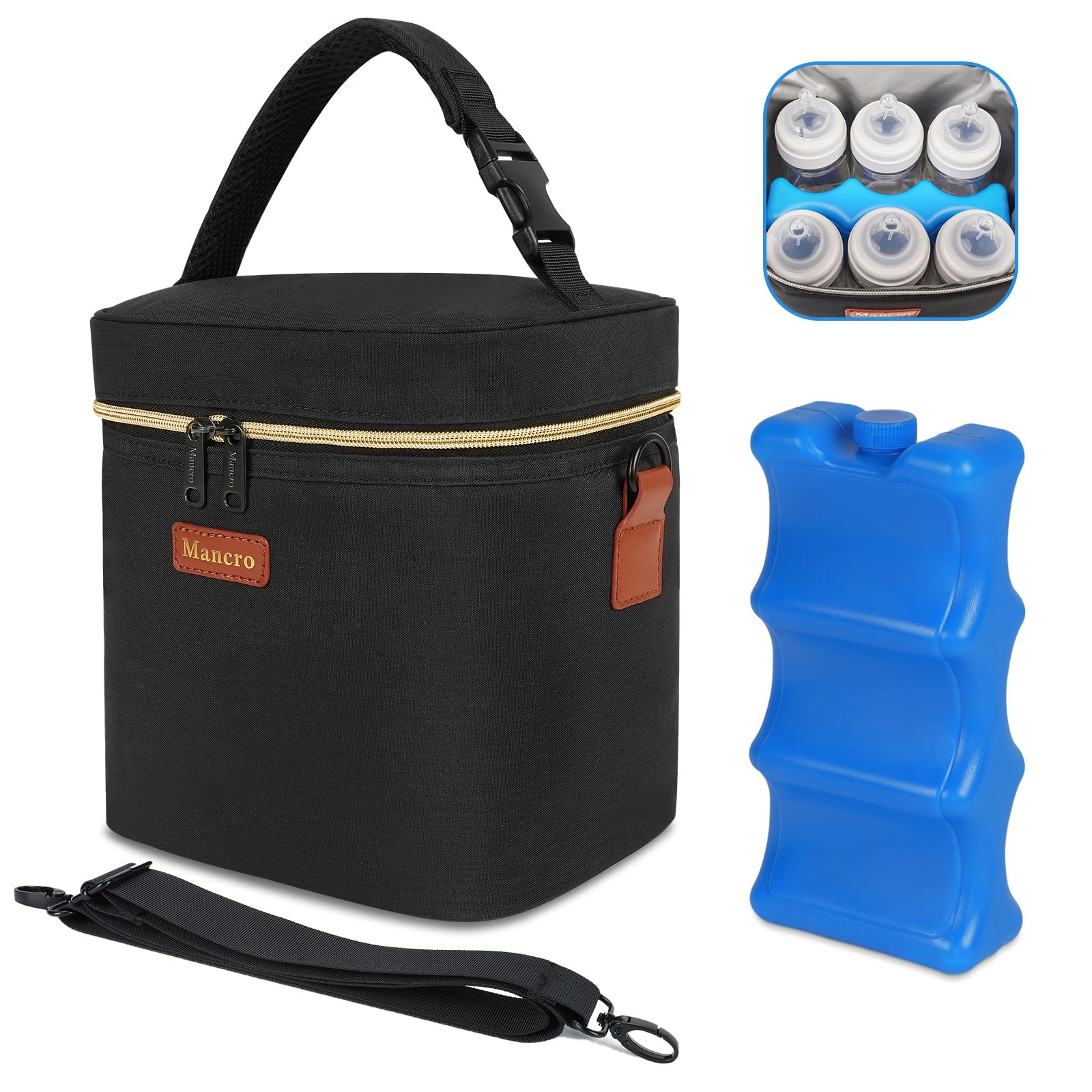 Mancro Breastmilk Cooler Bag side view showing spacious interior for six bottles