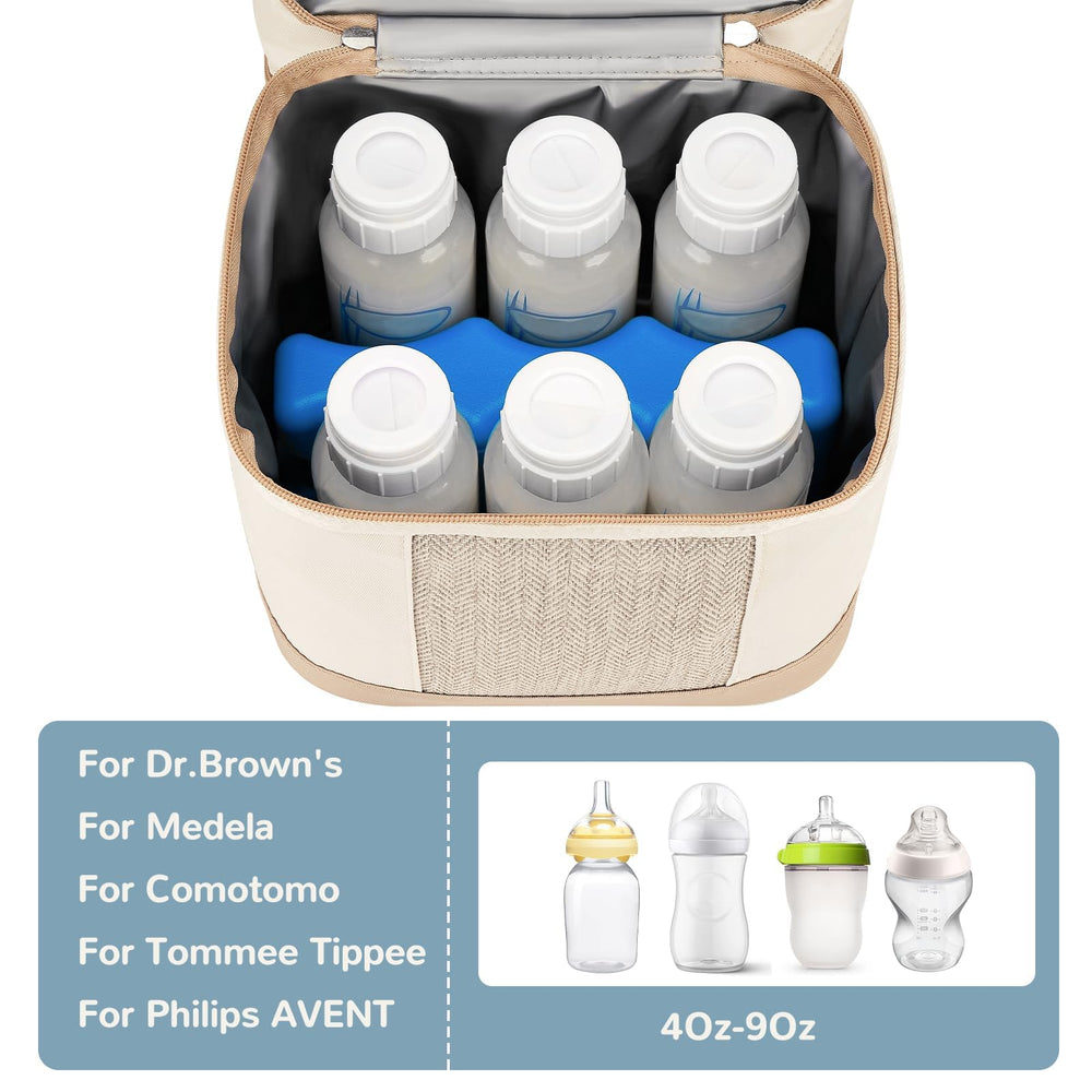Mancro cooler bag top-compartment for snacks and pump parts.