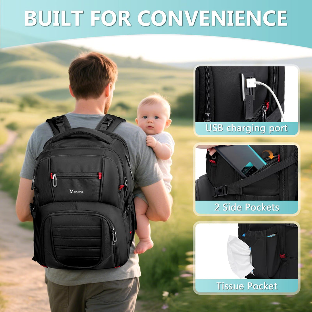 Mancro Dad Diaper Bag Backpack stroller straps attach to a stroller for hands-free travel