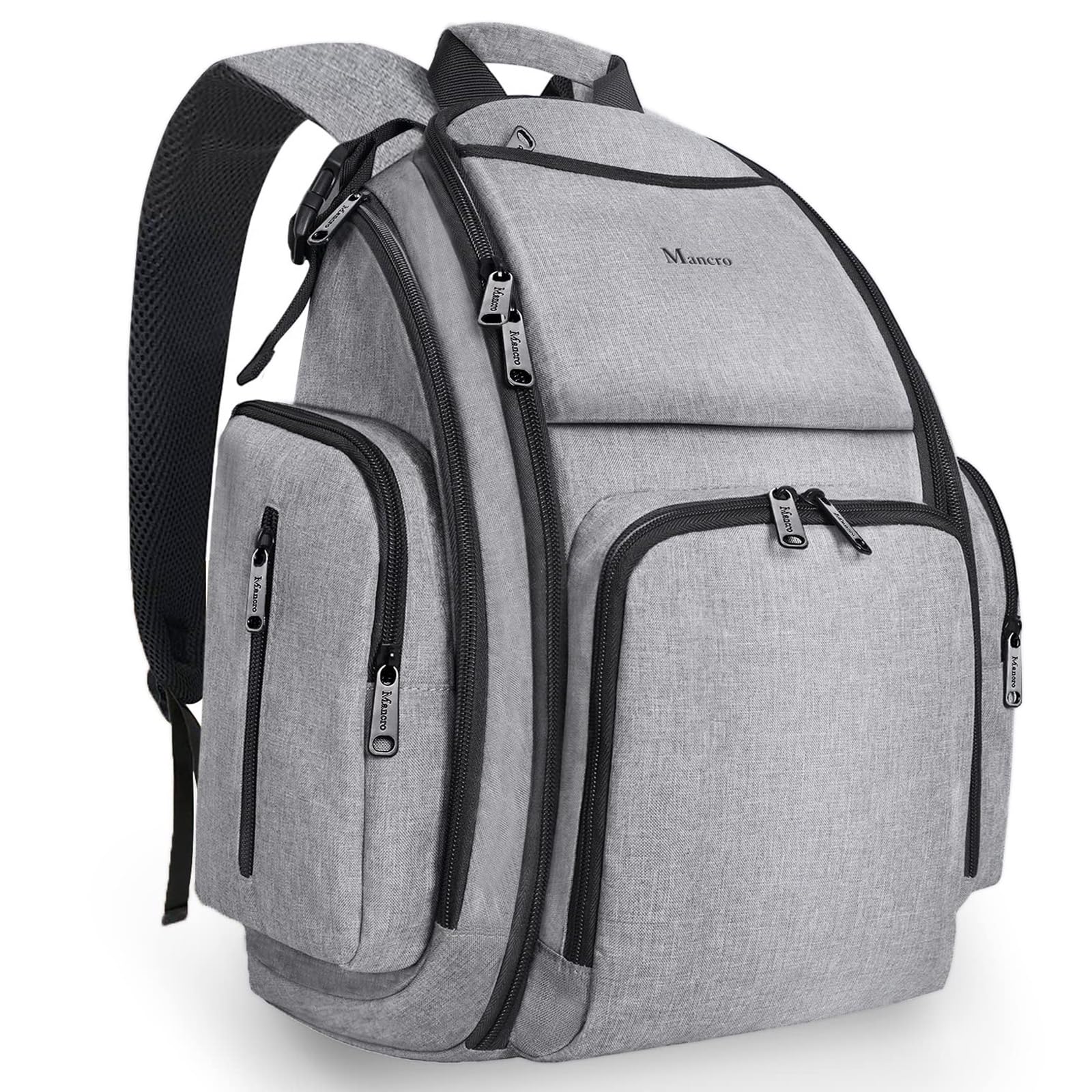 Mancro diaper bag backpack front view in grey highlights spacious storage and quick-access pockets