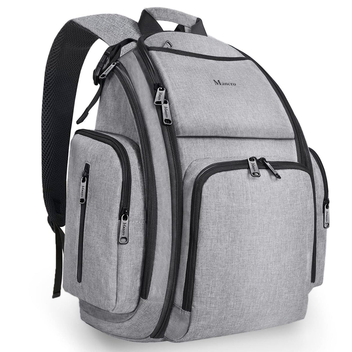 Mancro diaper bag backpack front view in grey highlights spacious storage and quick-access pockets