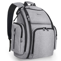 Mancro diaper bag backpack front view in grey highlights spacious storage and quick-access pockets