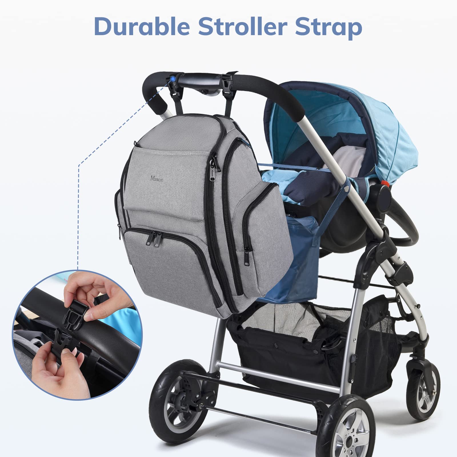 Mancro diaper bag backpack ergonomic design back panel and padded straps close-up