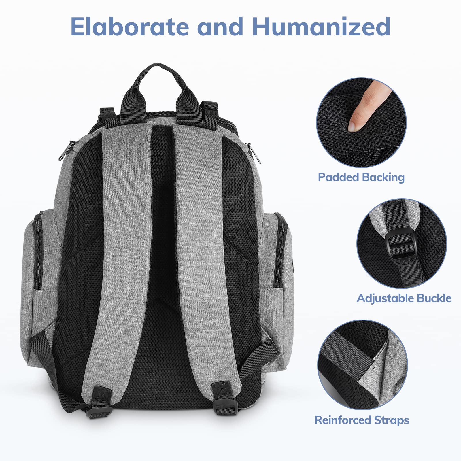Mancro diaper bag backpack stroller straps grey demonstrates hands-free mobility while traveling