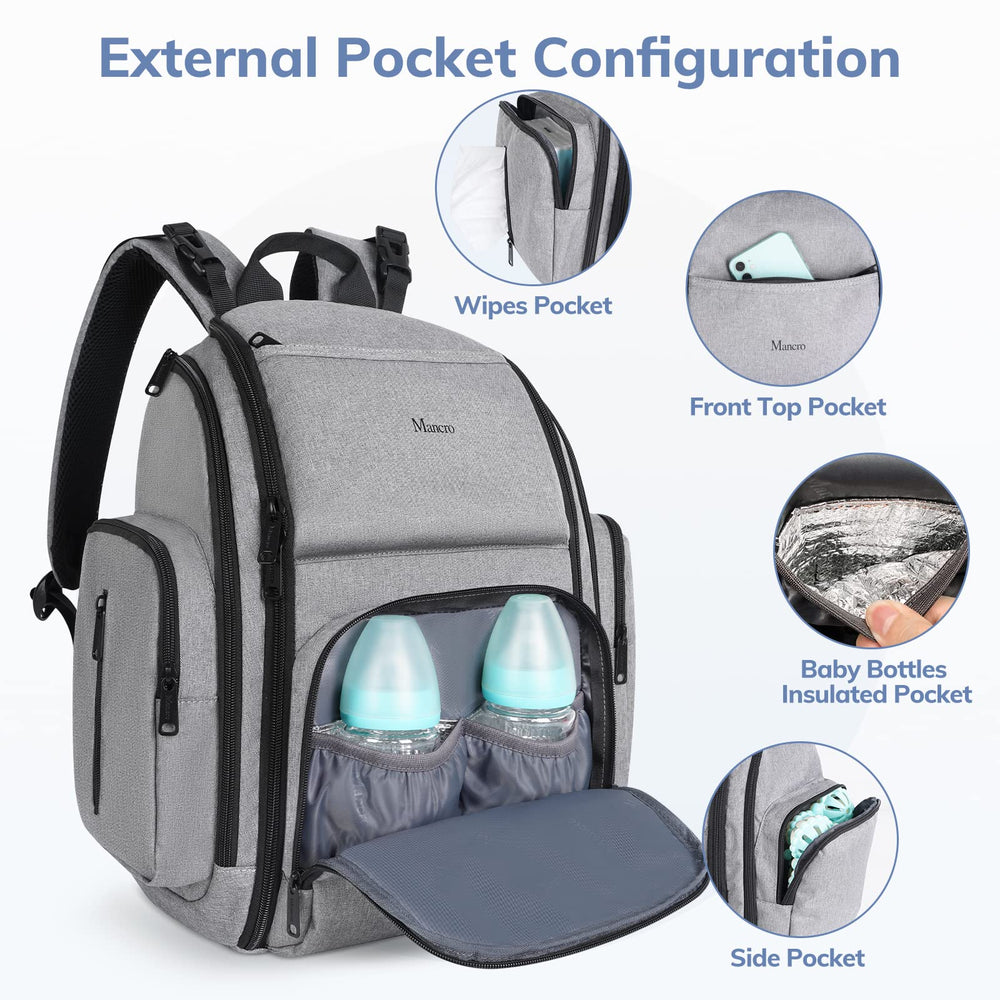 Mancro diaper bag backpack wipes pocket close-up with front pockets for mom's quick essentials