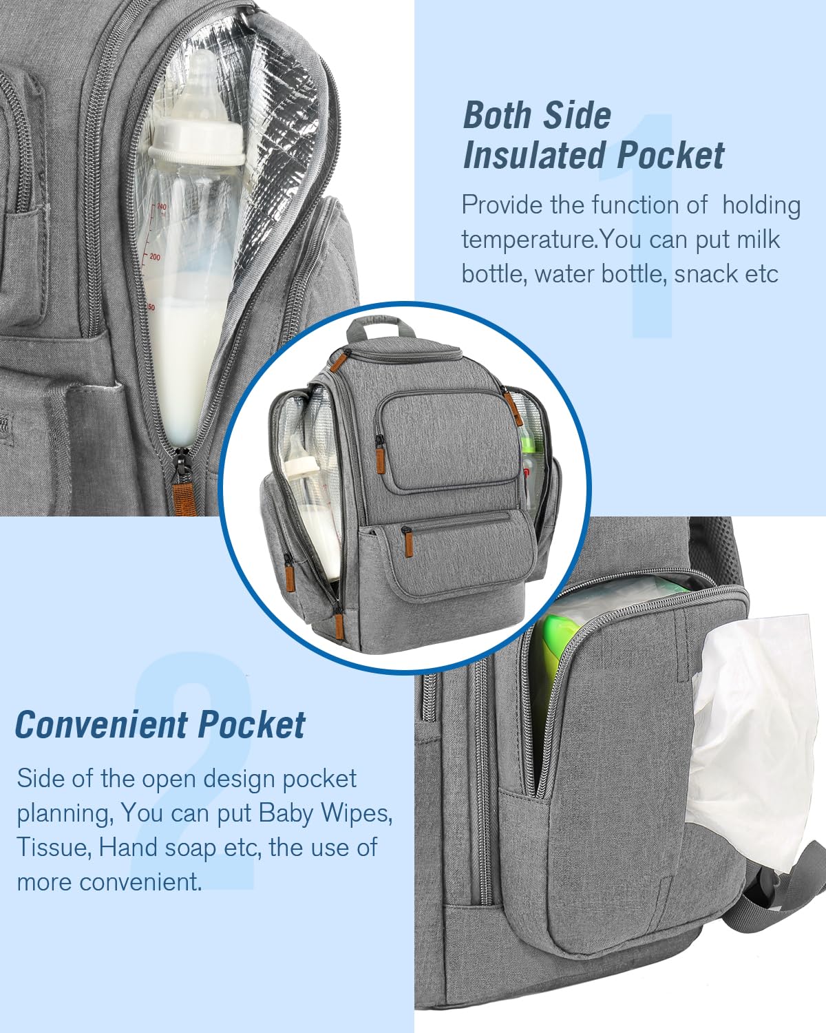 Mancro diaper bag insulated bottle pockets keep drinks ready.