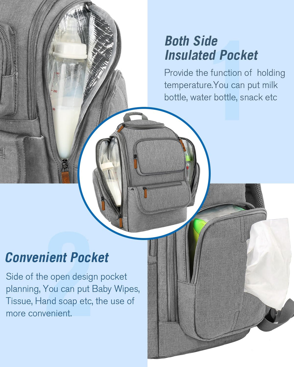 Mancro diaper bag insulated bottle pockets keep drinks ready.