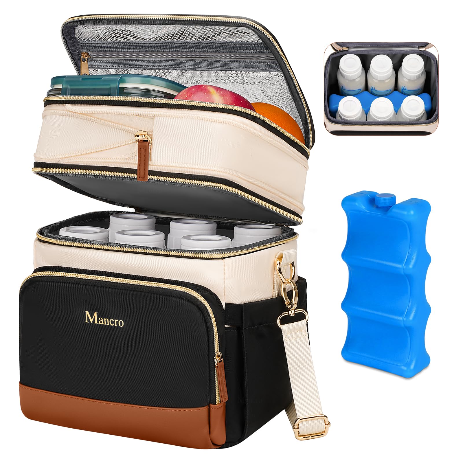Mancro expandable breast milk cooler bag main compartment holds six 9oz bottles for travel efficiency.