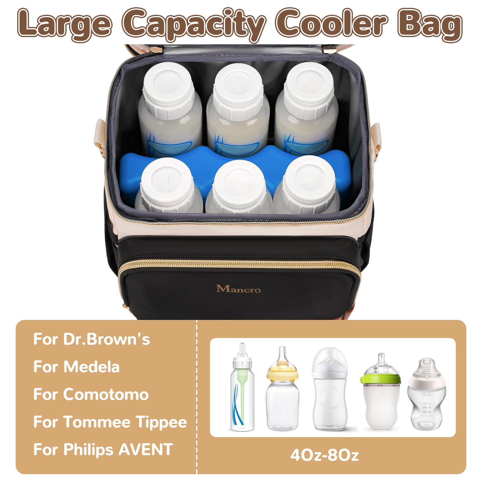 Mancro bag shoulder strap and stroller attachment support hands-free transport.