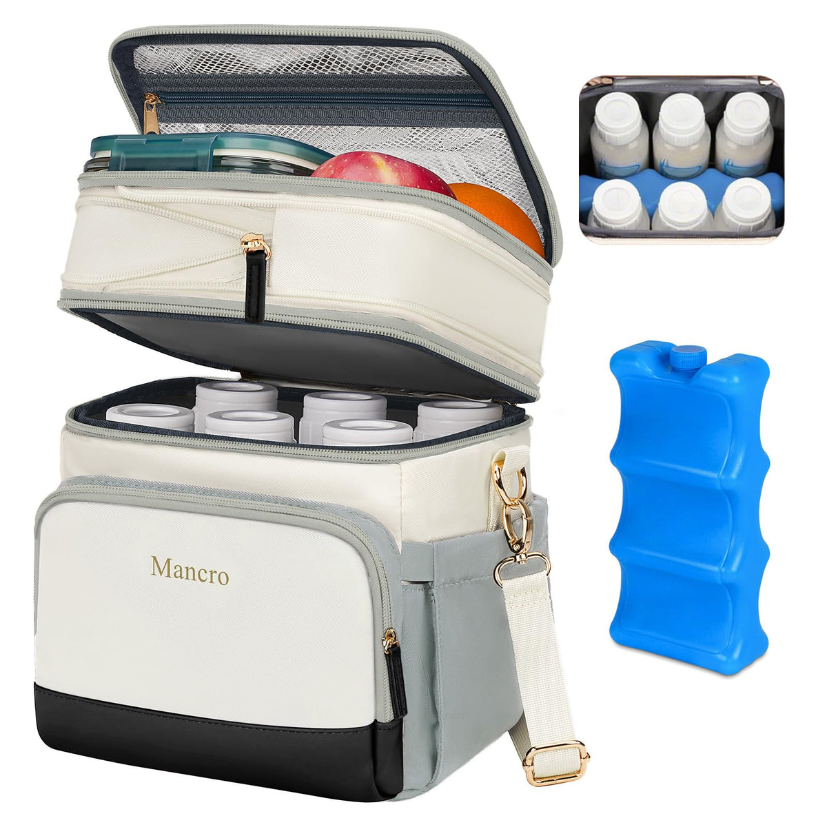 Mancro expandable breastmilk cooler bag expanded top layer stores pump or snacks