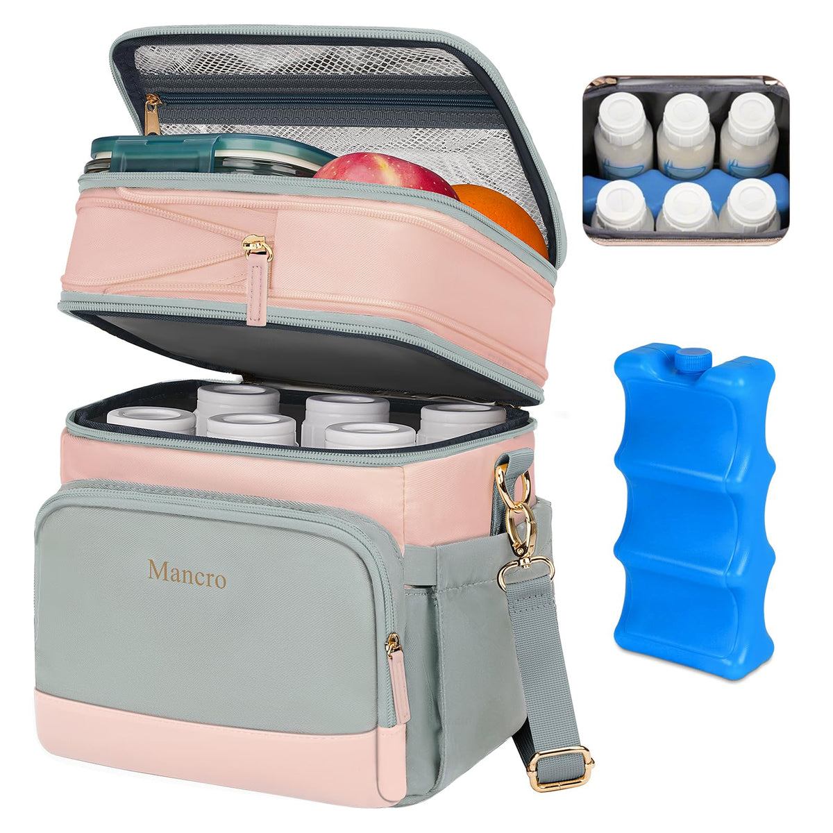 Mancro expandable breastmilk cooler bag pink shows expanded height for more bottles on the go