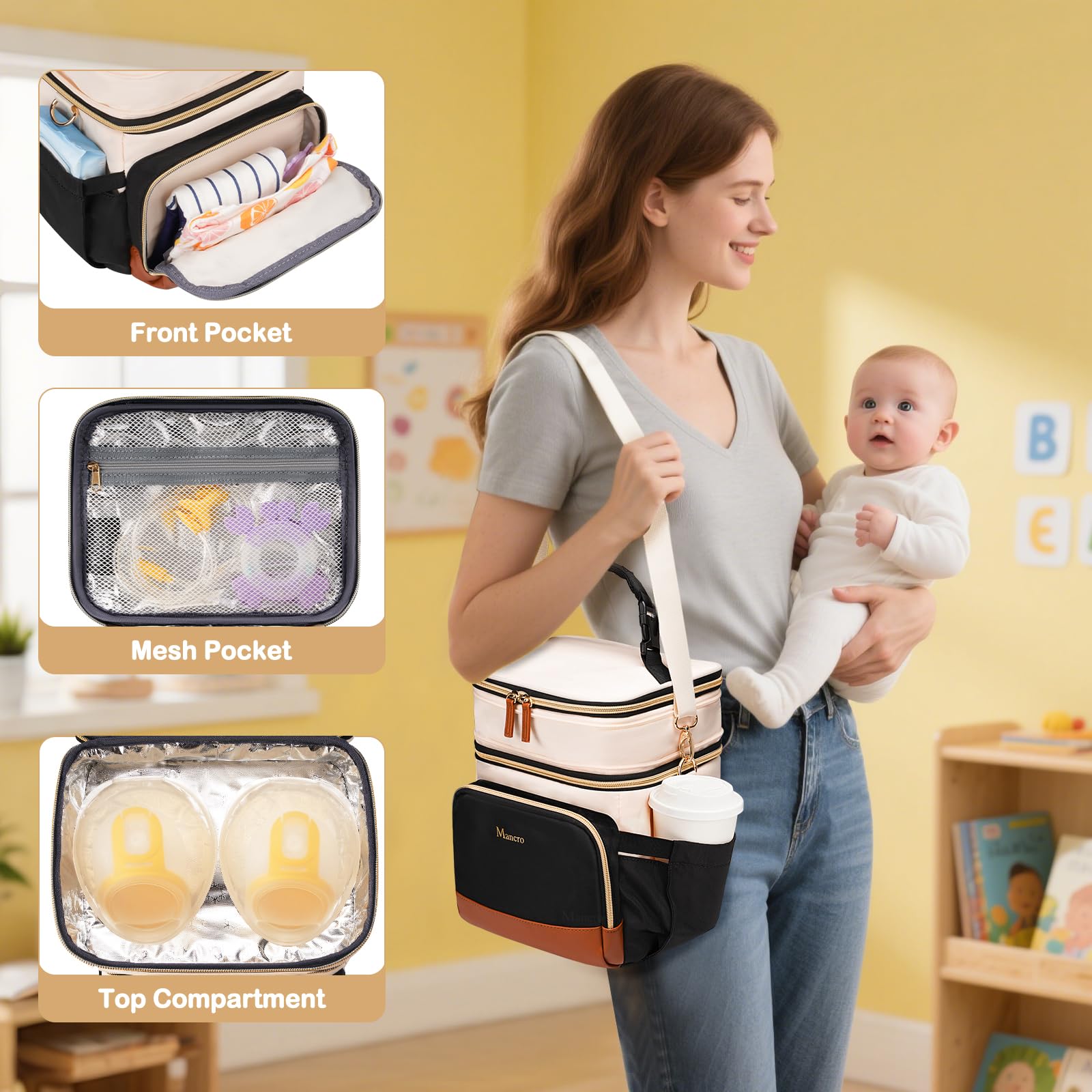 Mancro expandable breastmilk cooler bag stroller hook and breathable straps enable hands-free travel