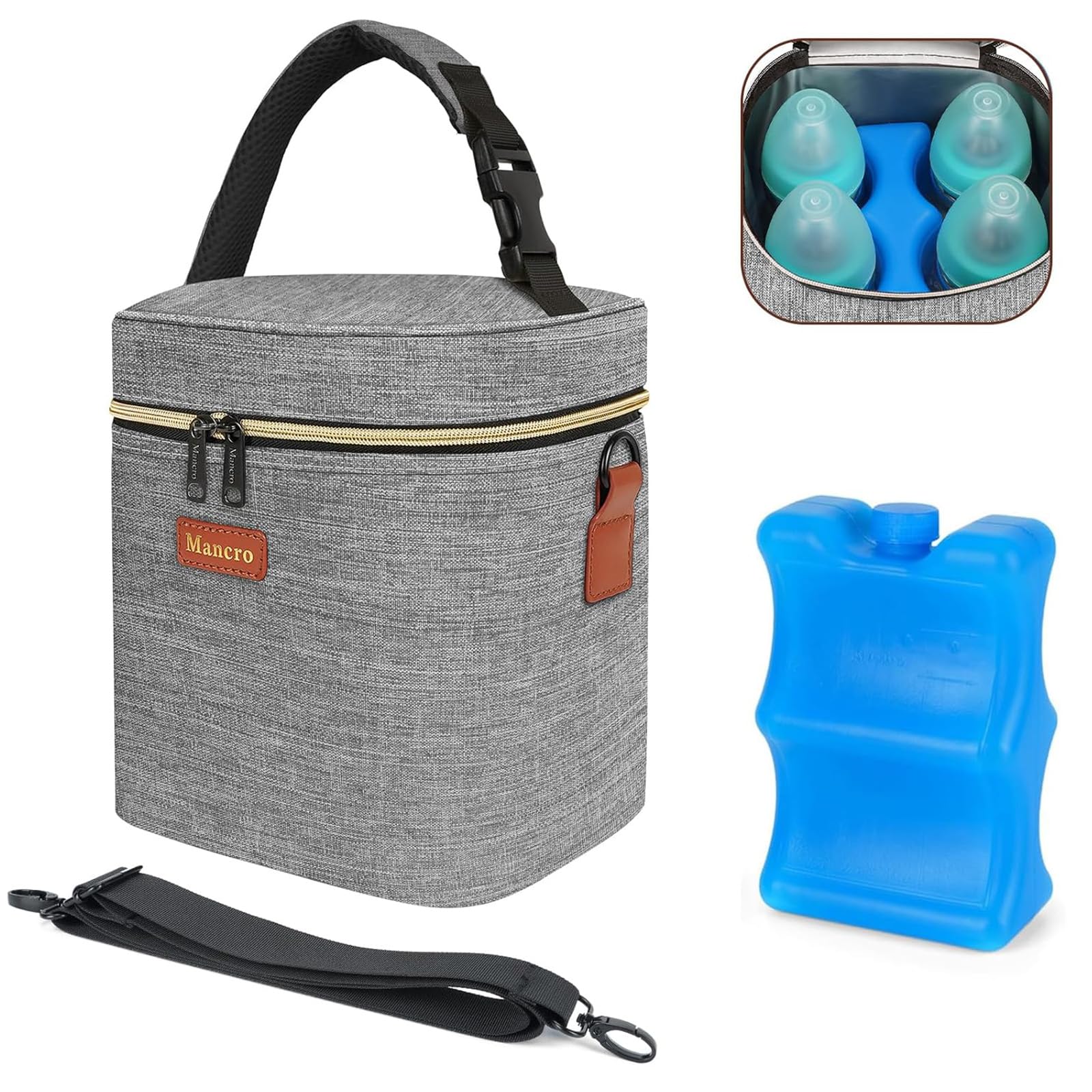 Mancro insulated breastmilk cooler bag with four 9-ounce bottles for on-the-go feeding.