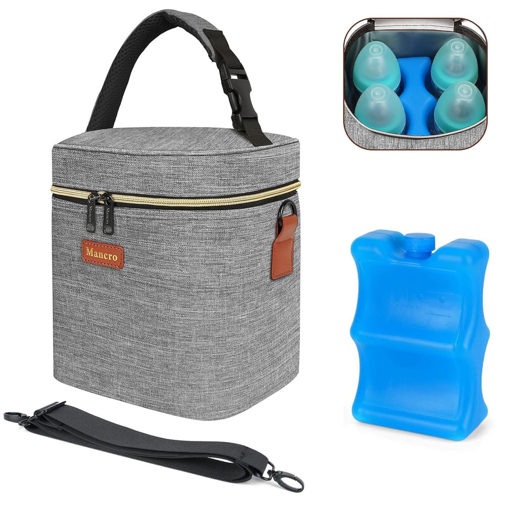 Mancro insulated breastmilk cooler bag with four 9-ounce bottles for on-the-go feeding.