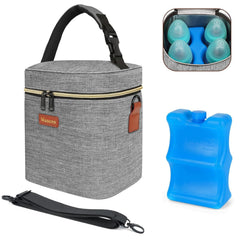 Mancro insulated breastmilk cooler bag with four 9-ounce bottles for on-the-go feeding.