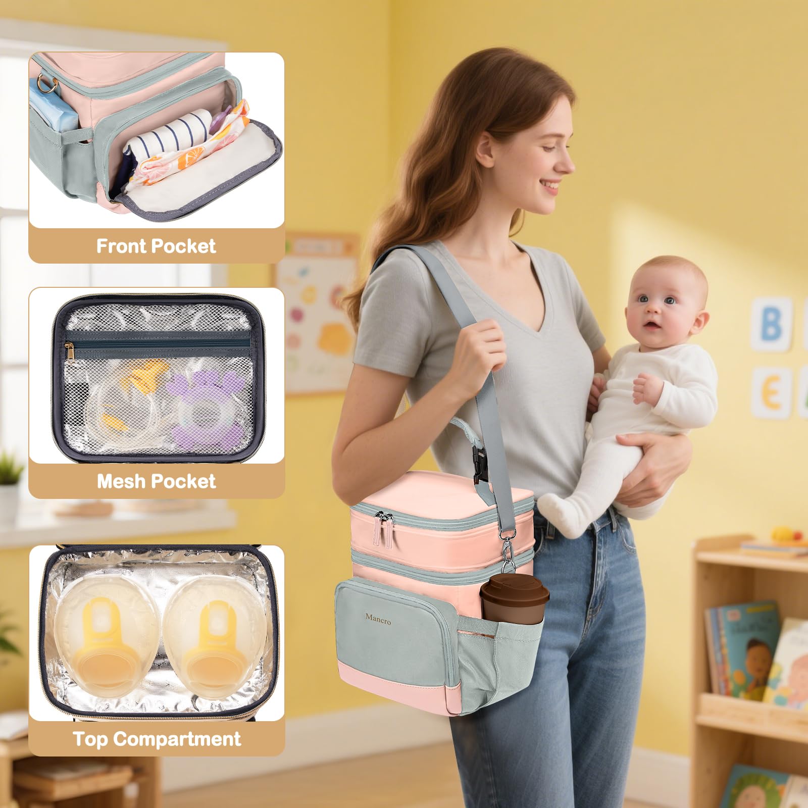 Mancro multi-pocket layout keeps bottles, snacks, and essentials organized