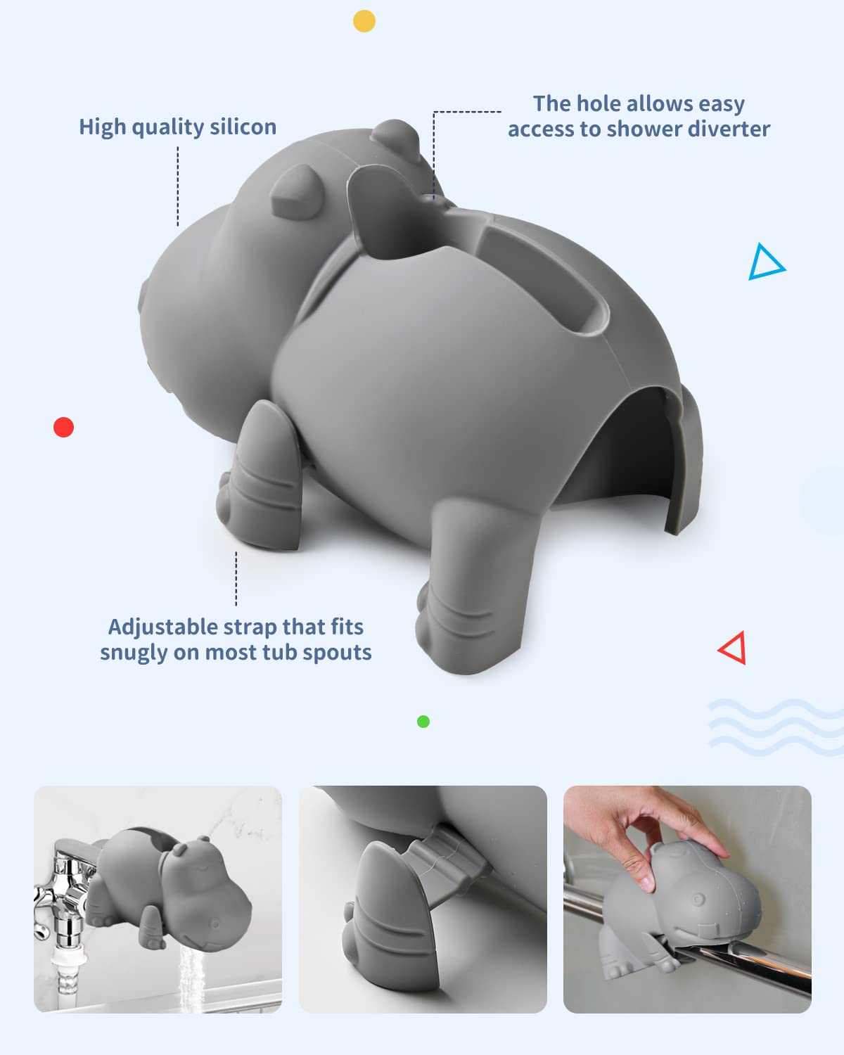 Mandoo adjustable strap shows tool-free installation around bath spout