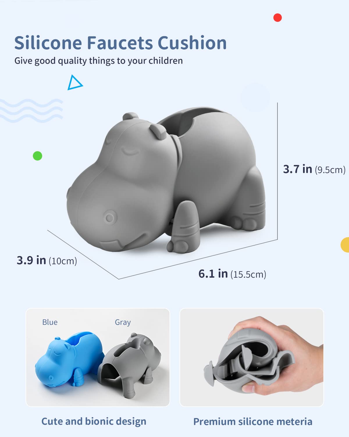 Mandoo grey hippo cover on faucet demonstrates universal fit for different taps