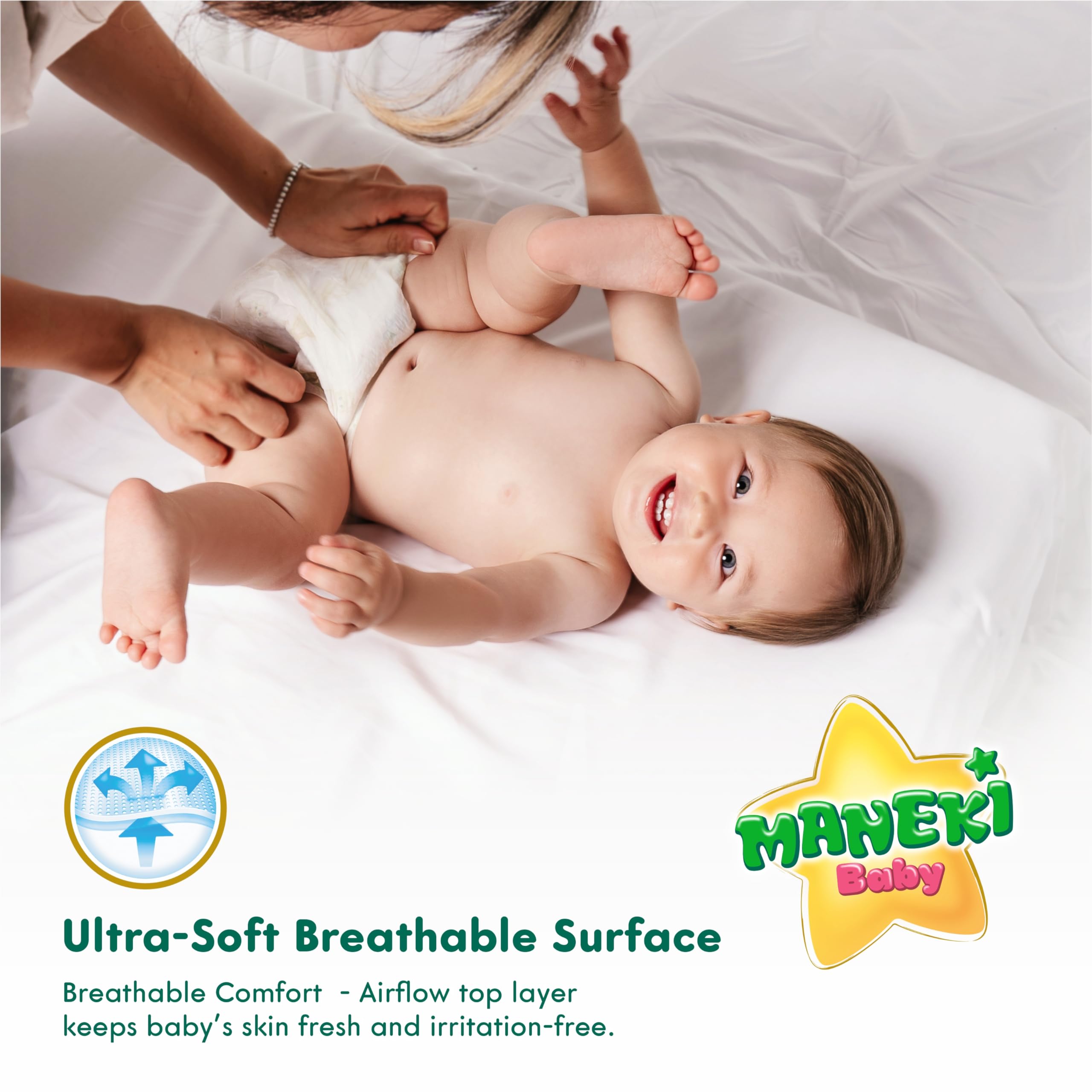 MANEKI diapers chlorine-free pack emphasizes safer disposable option.