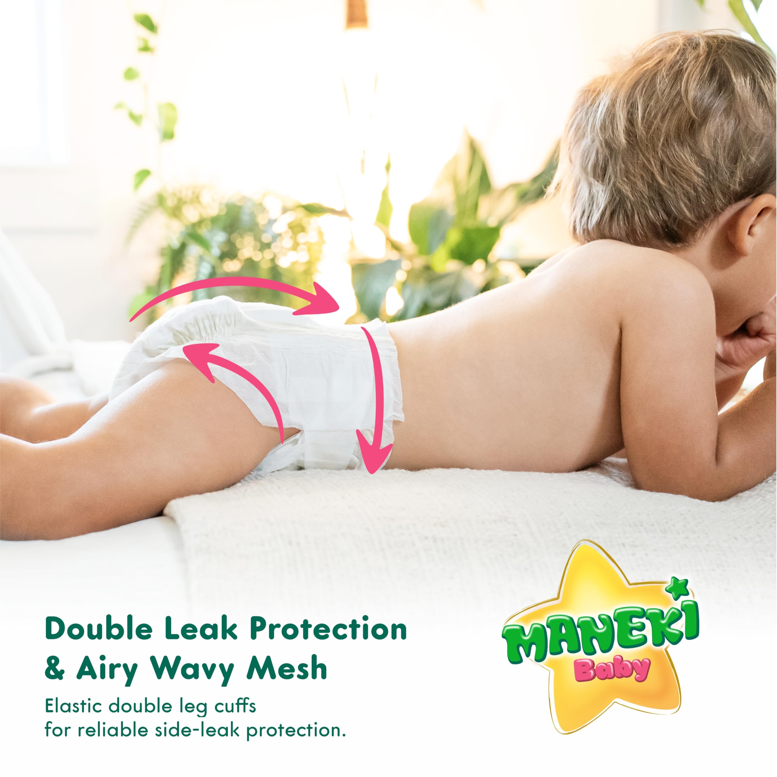 MANEKI diapers daily-use pack shows easy everyday diapering.