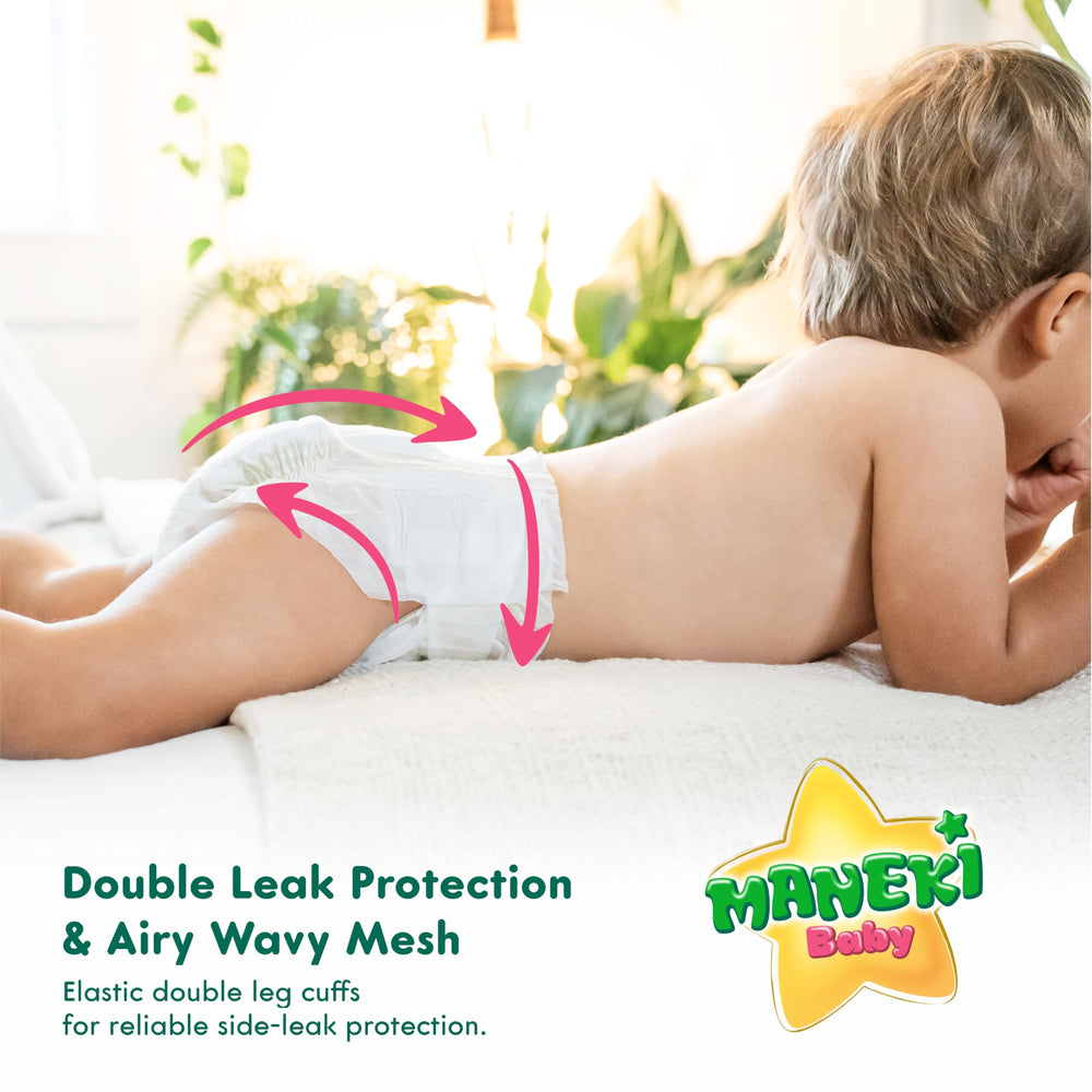MANEKI diapers daily-use pack shows easy everyday diapering.