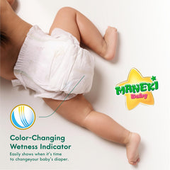 MANEKI baby diapers size 4 fit illustrates snug yet flexible comfort.