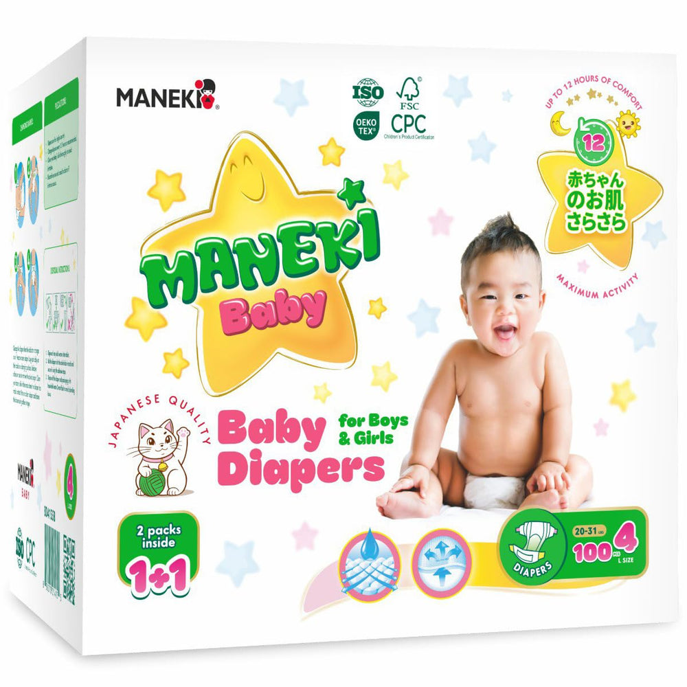 MANEKI baby diapers size 4 front view showing ultra-thin protection for day and night.