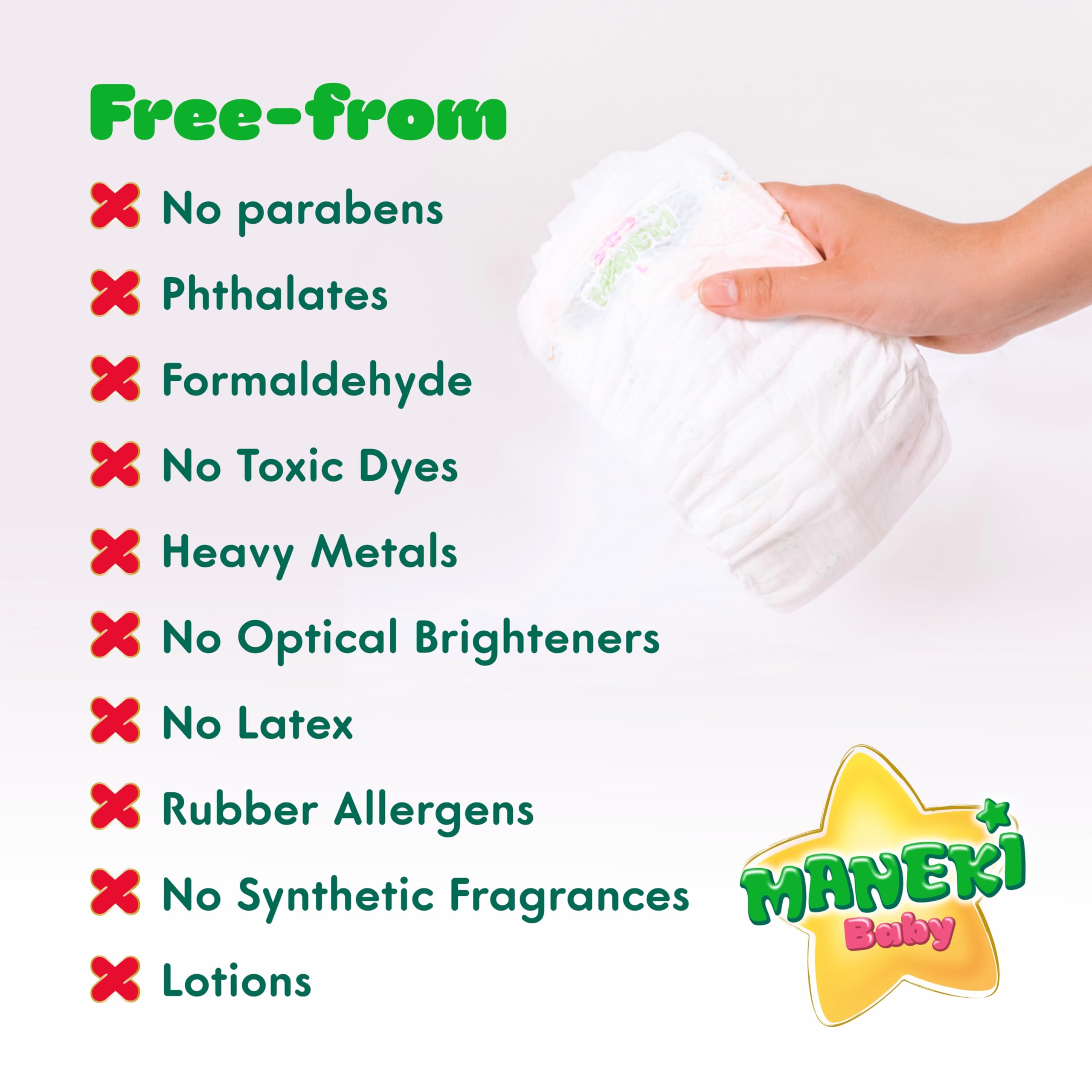 MANEKI baby diapers soft-edge on baby skin demonstrates gentle touch.