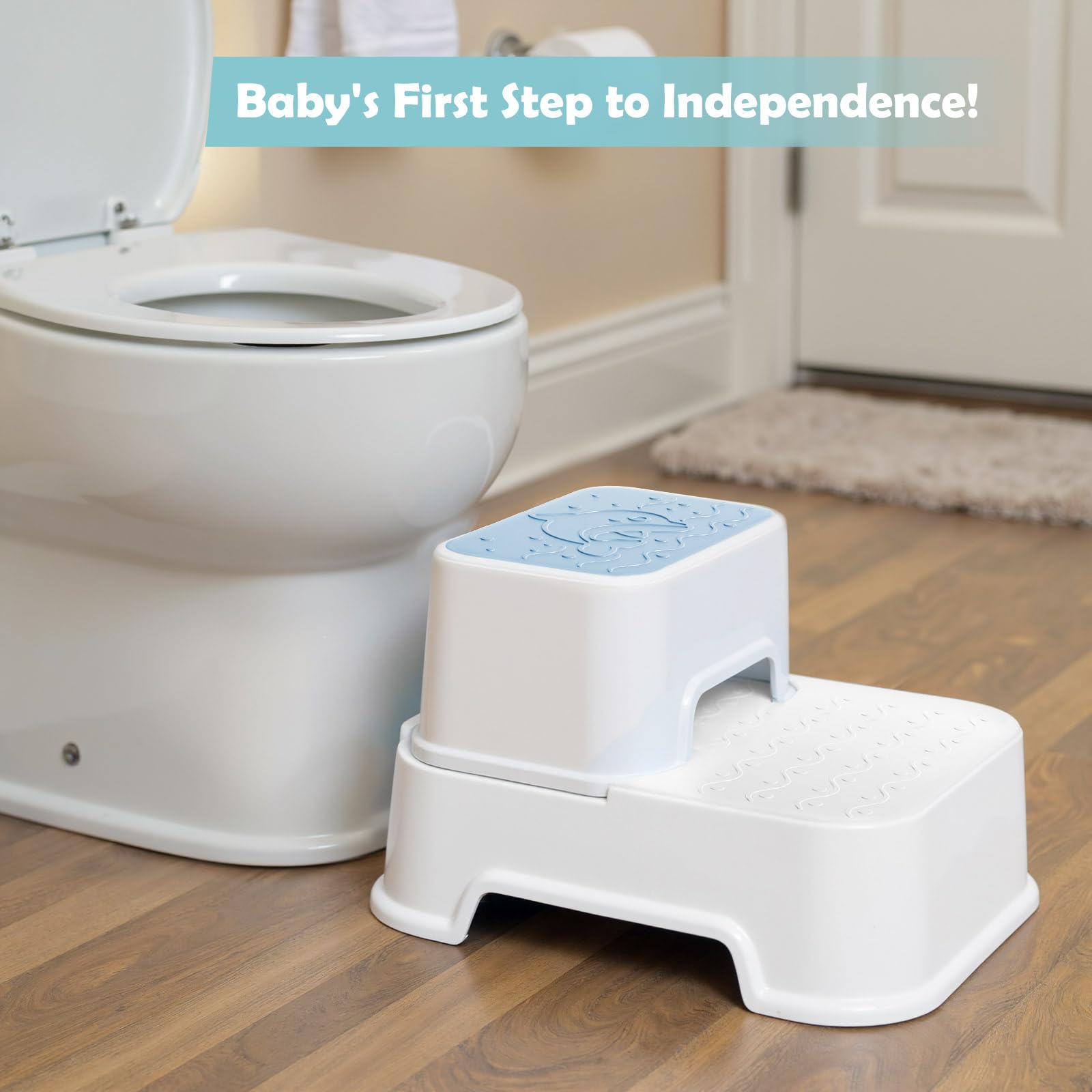 Mangohood 2-Step Stool blue with faucet extender supports easy washing.