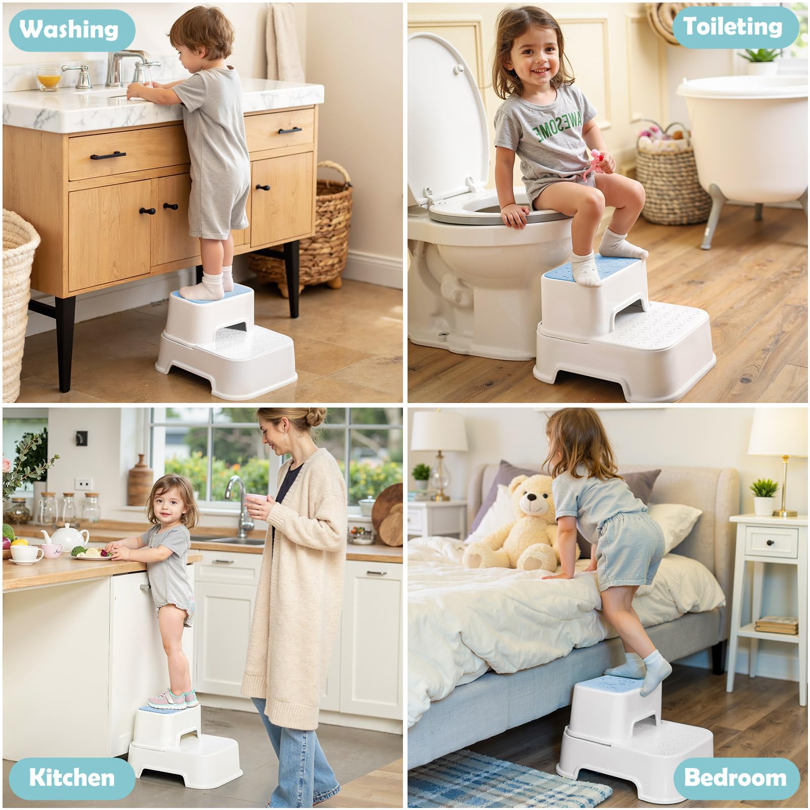 Mangohood 2-Step Stool blue front view illustrating stable daily helper for handwashing.