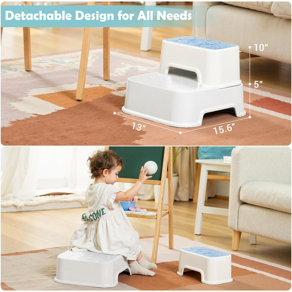 Mangohood 2-Step Stool blue in-use bathroom demonstrates independent brushing and reaching.