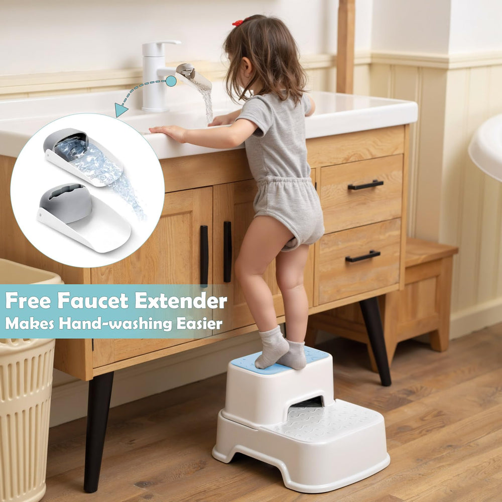 Mangohood 2-Step Stool blue in-use kitchen highlights child-friendly snack prep.