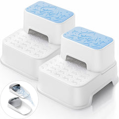 Mangohood 2-Step Stool blue side view with compact anti-slip steps for toddlers.